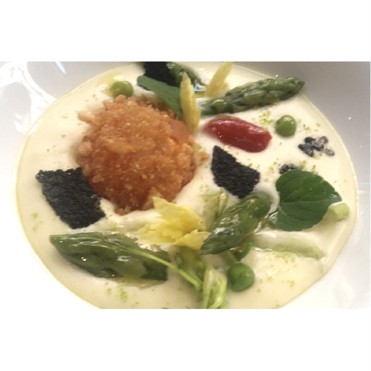 Spuma di Grana Padano, tuorlo bio croccante, polvere di pistacchi ed asparagi