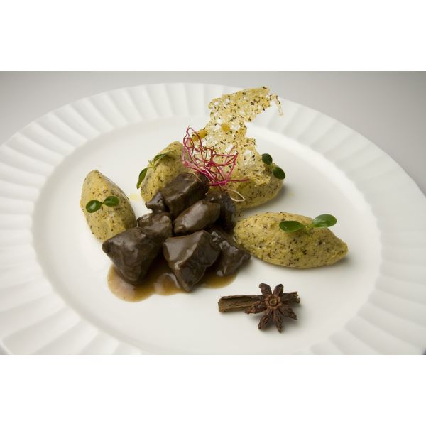 Stewed  beef with “Polenta Taragna” quenelles 