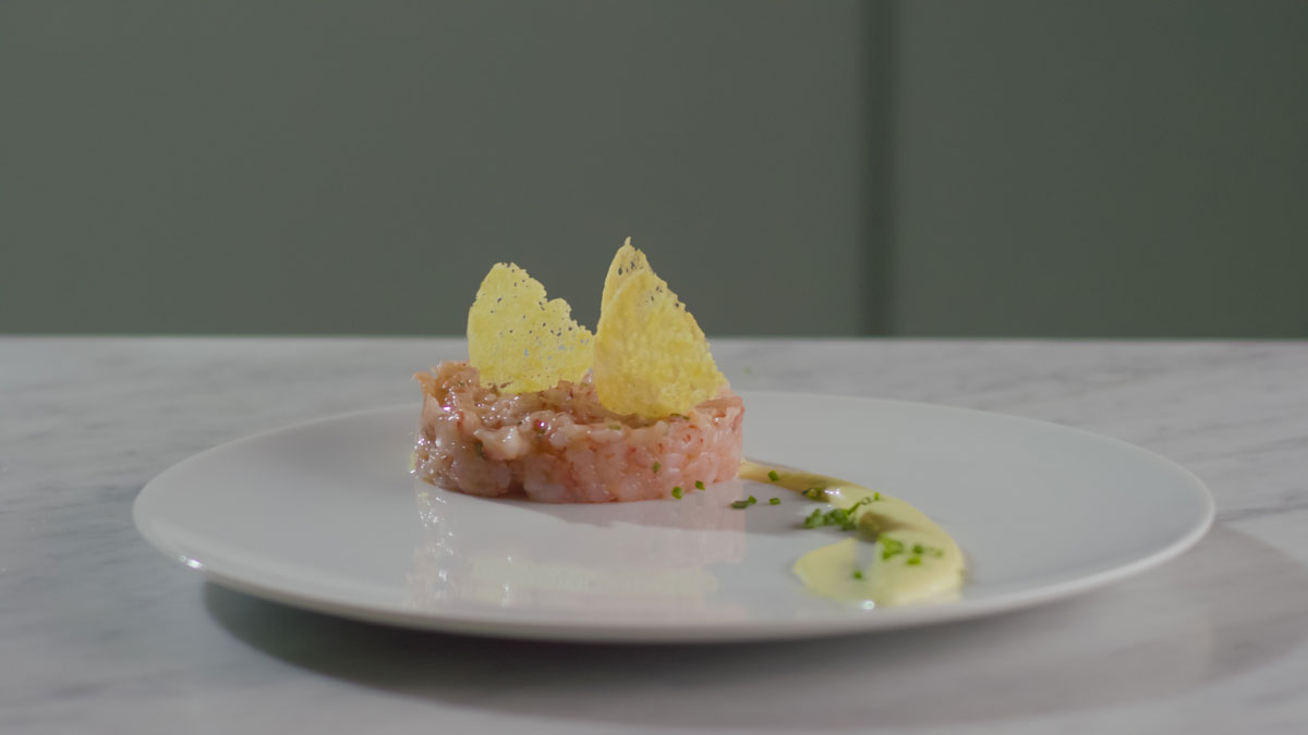 Prawn tartare with Grana Padano wafer and lime mayonnaise