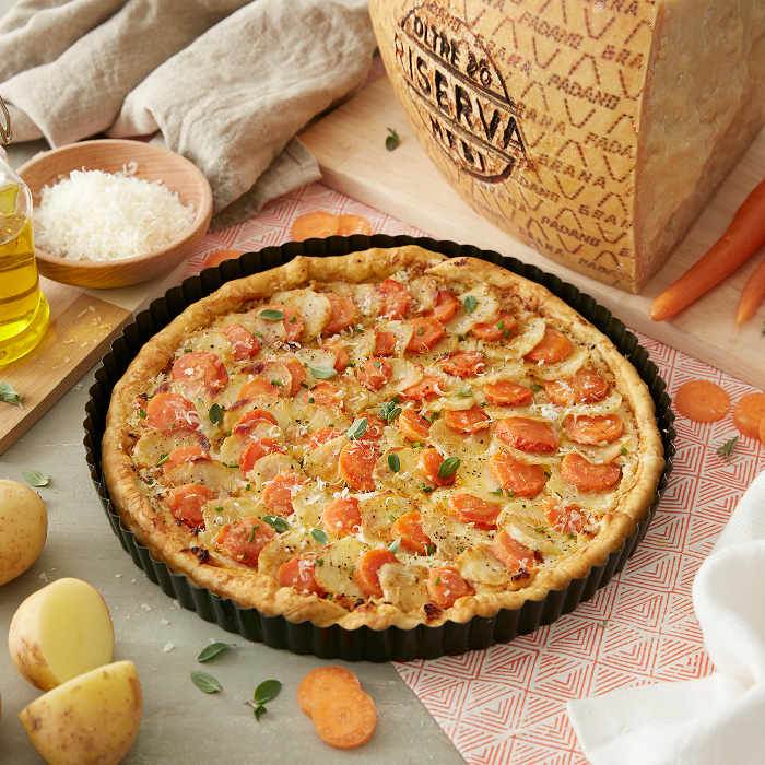 Torta salata di carote e patate con Grana Padano Riserva