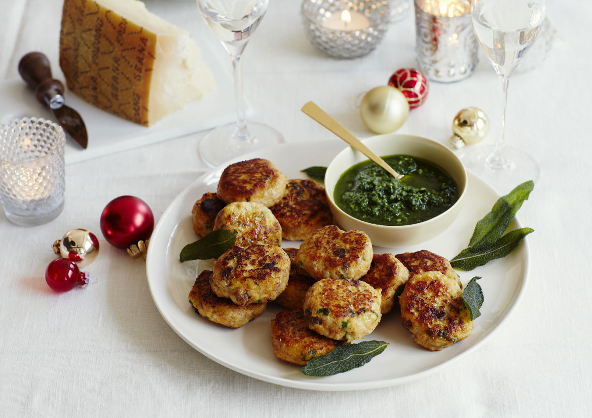 Turkey and pumpkin dumplings with Grana Padano watercress dip