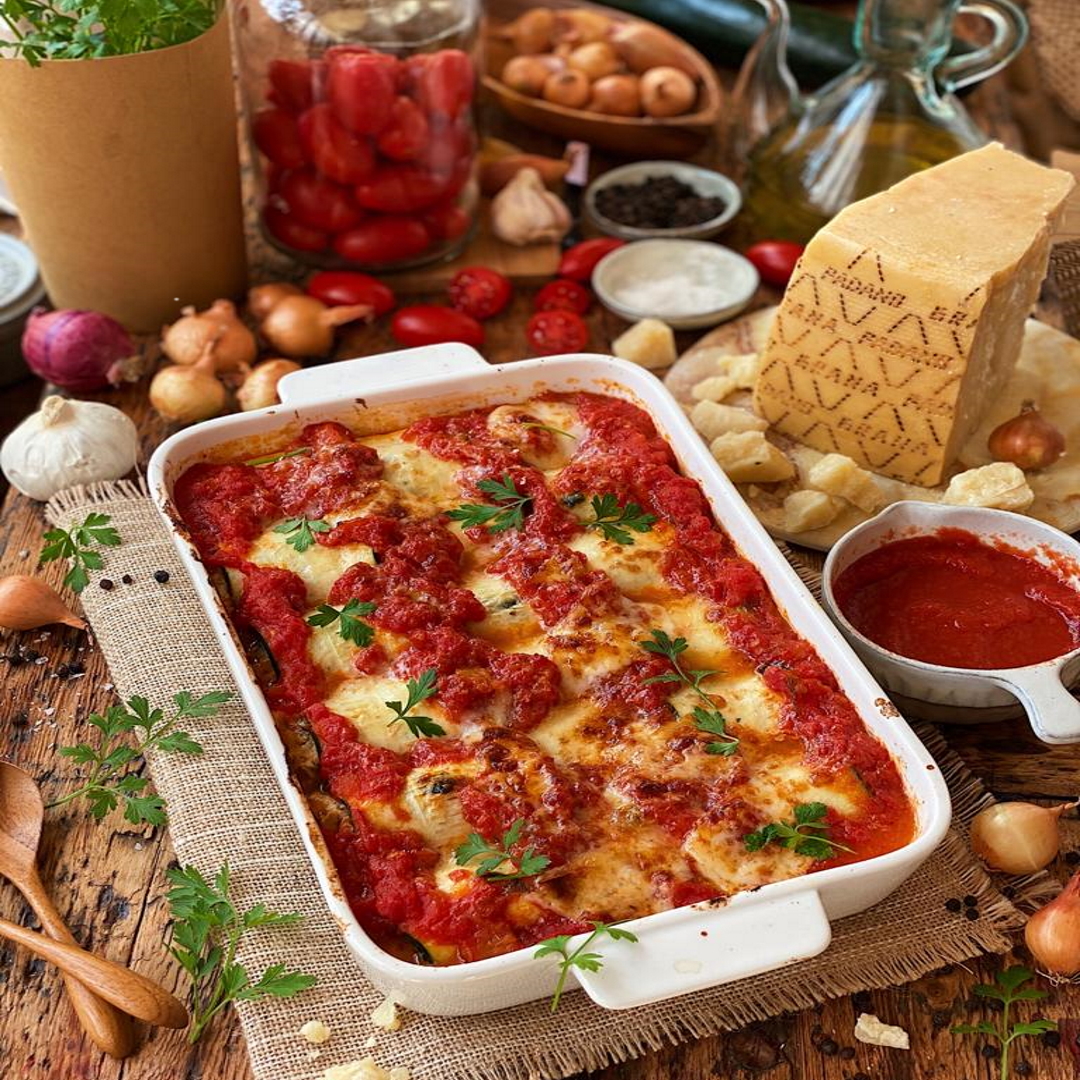 Canelones de calabacín rellenos de gambas y setas con salsa de tomate y Grana Padano Riserva