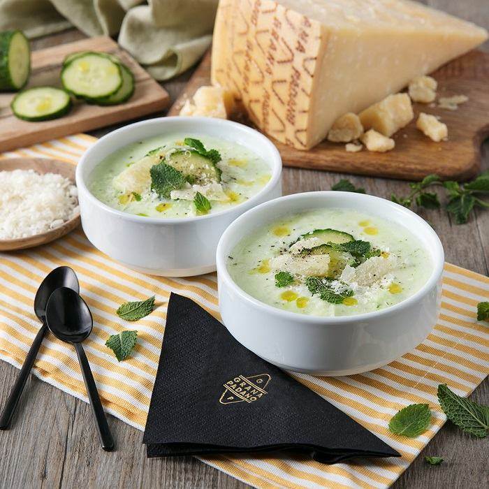 Cold cucumber and potato soup with yoghurt and Grana Padano PDO