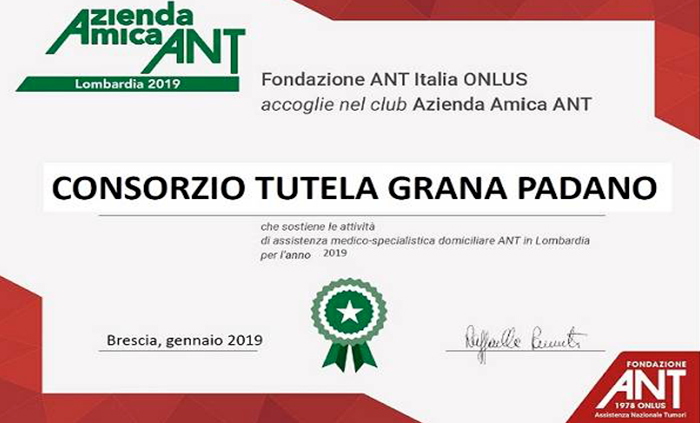 Il Consorzio Grana Padano rinnova l’impegno di “Azienda Amica ANT”