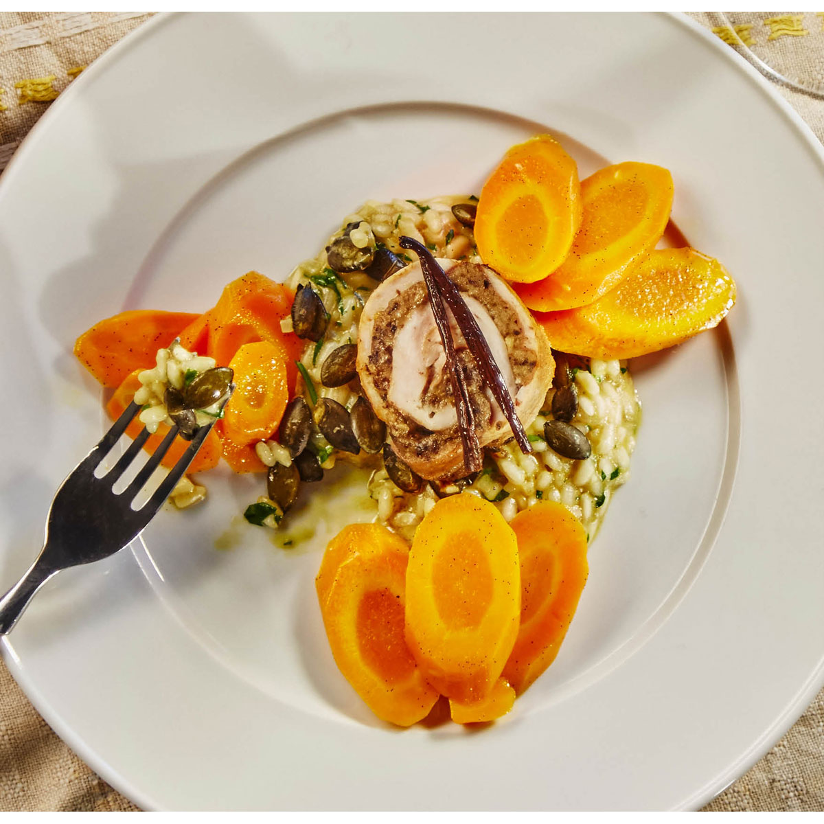 Chicken rolls, parsley risotto, vanilla carrots
