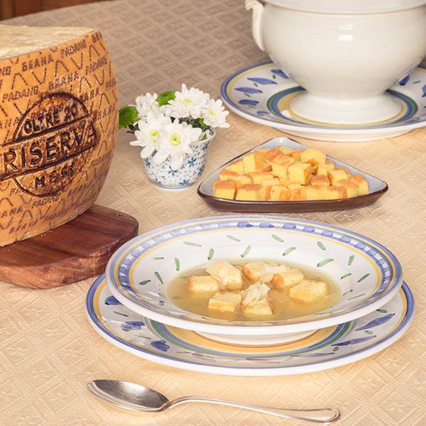 flavoursome broth with rustic pizza squares