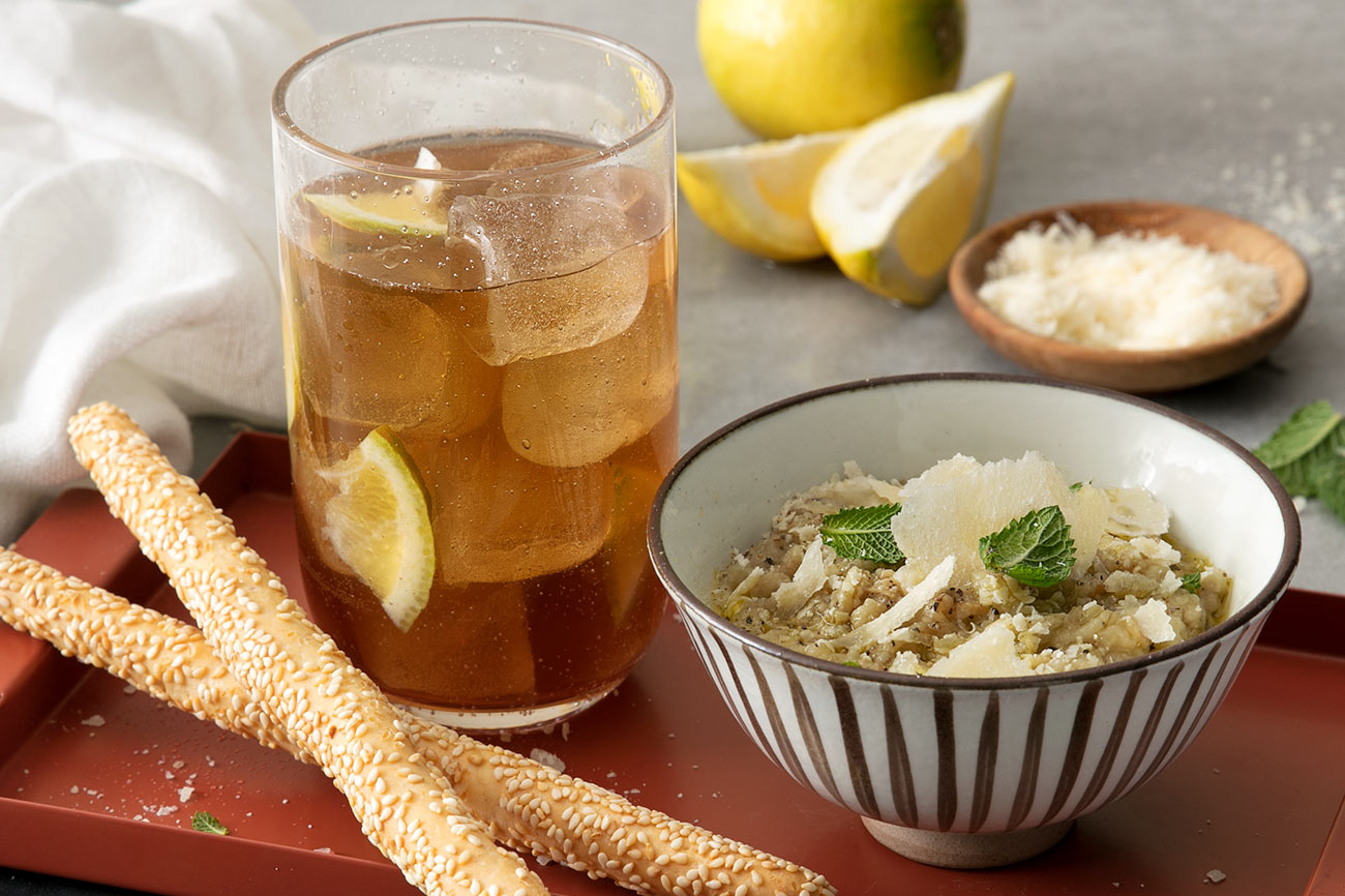 Ginger Iced Tea and Aubergine and Grana Padano