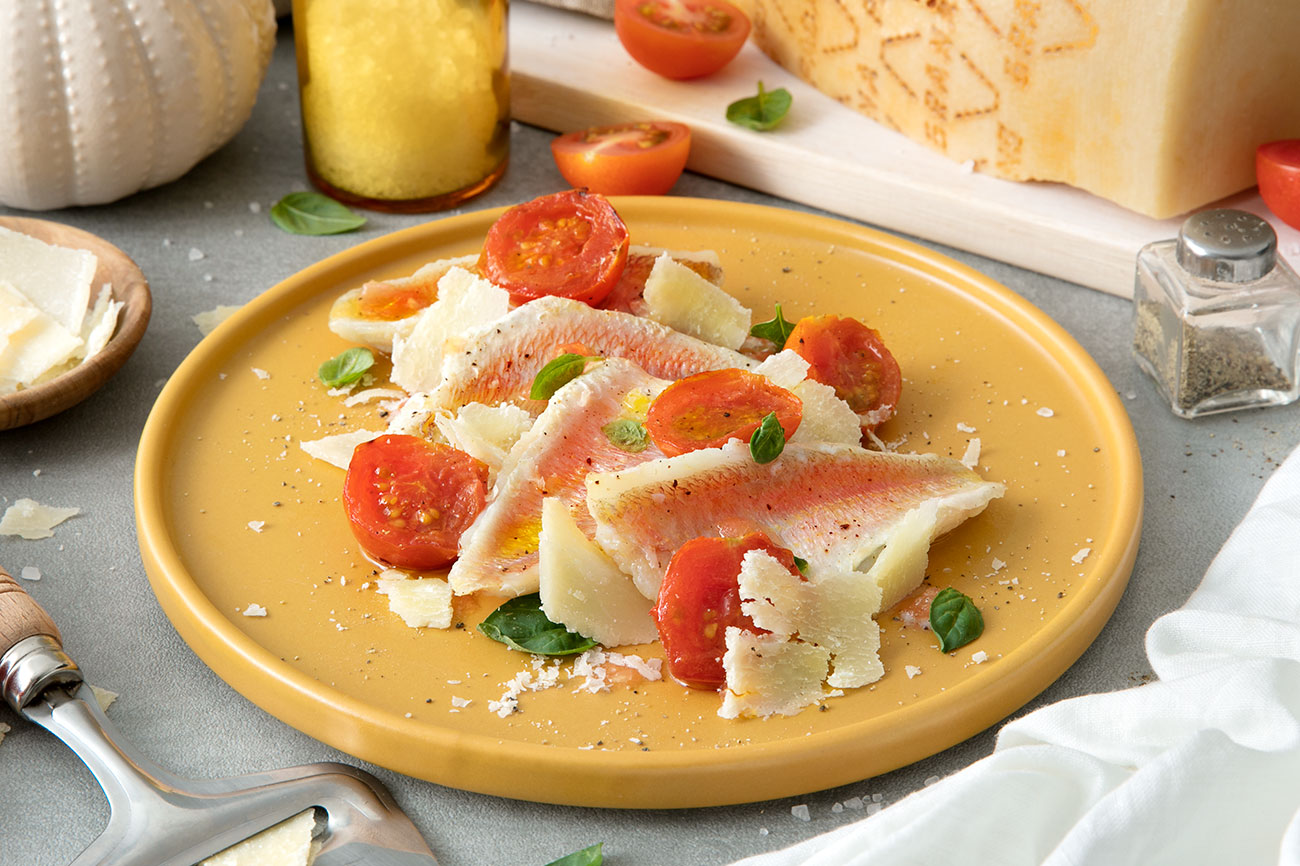 Seared Mullet Fillets with Basil, Datterini Tomatoes and Grana Padano