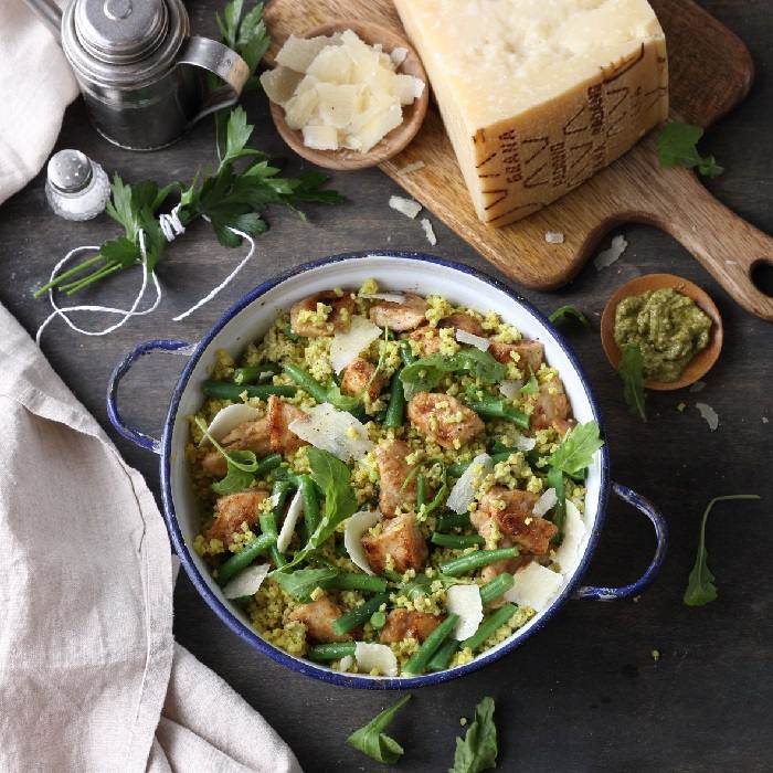 Couscous with Rocket and Parsley Pesto, Chicken, Green Beans and Grana Padano