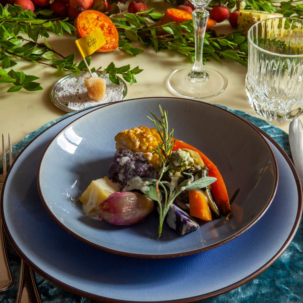 Roasted vegetables with grana padano pdo riserva sauce