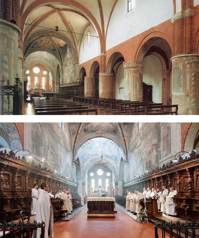 Innere Kirchenschiffe der Abtei von Chiaravalle Milanese (oben)&lt;br&gt;Chor der Abtei von Chiaravalle von Milanese (unten)