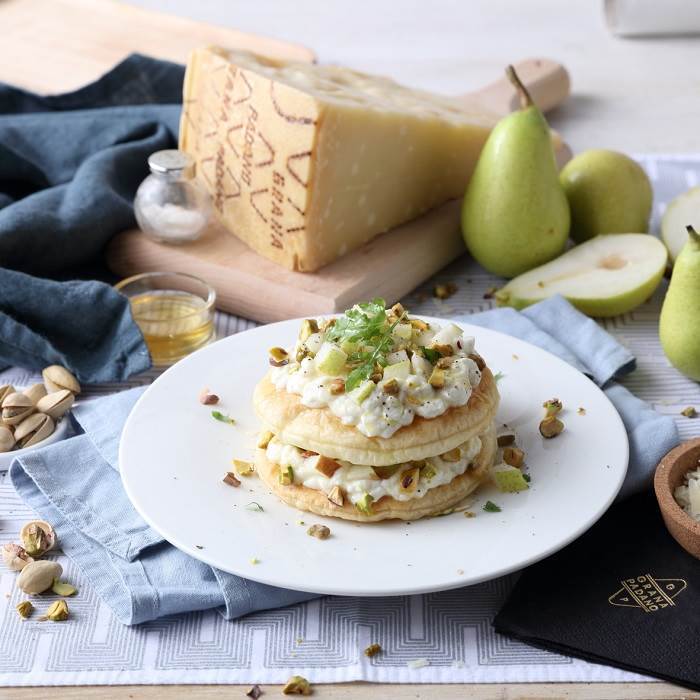 Millefeuille of Pastry, Pears, Grana Padano PDO Mousse, Rocket and Pistachios 