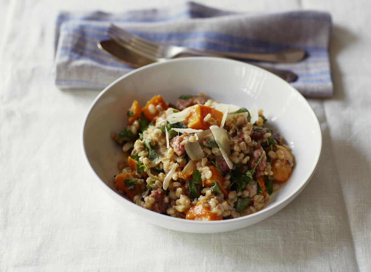 Orzotto with Grana Padano, tuscan sausage, pumpkin and porcini