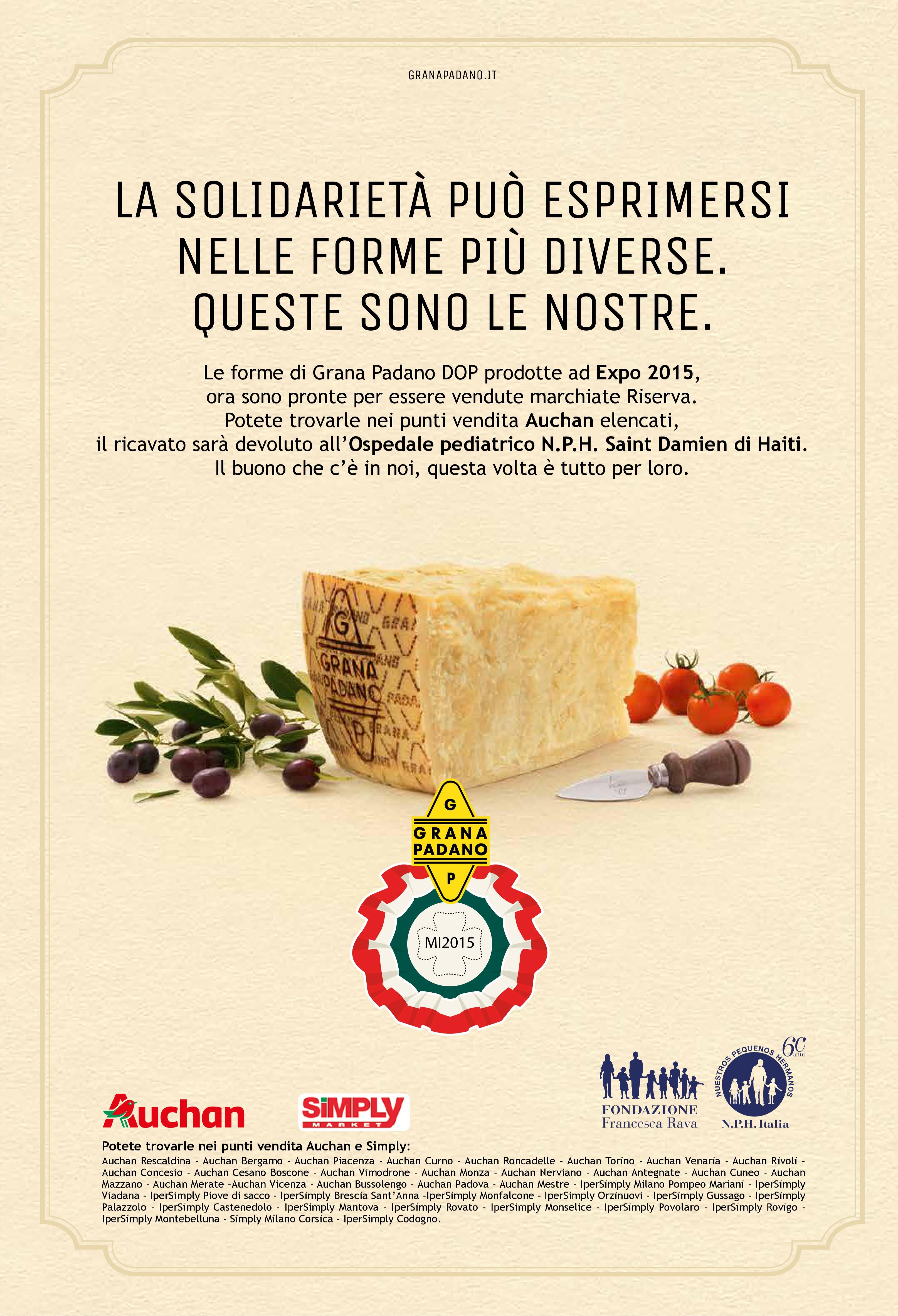 SOLIDARIETA’, GRANA PADANO BENEFICO “MADE IN EXPO” IN VENDITA DA GIOVEDI’ PRESSO AUCHAN SOLIDARIETA’, GRANA PADANO BENEFICO “MADE IN EXPO” IN VENDITA DA GIOVEDI’ PRESSO AUCHAN
