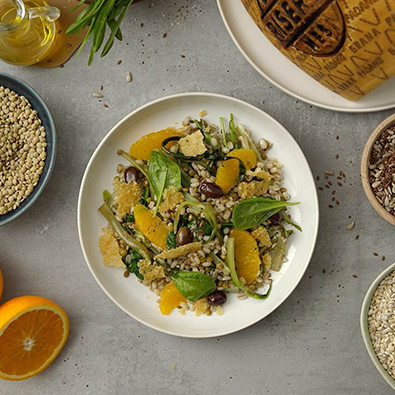 Insalatona_orzo_lenticchie_puntarelle_arancia_cialde_Grana p